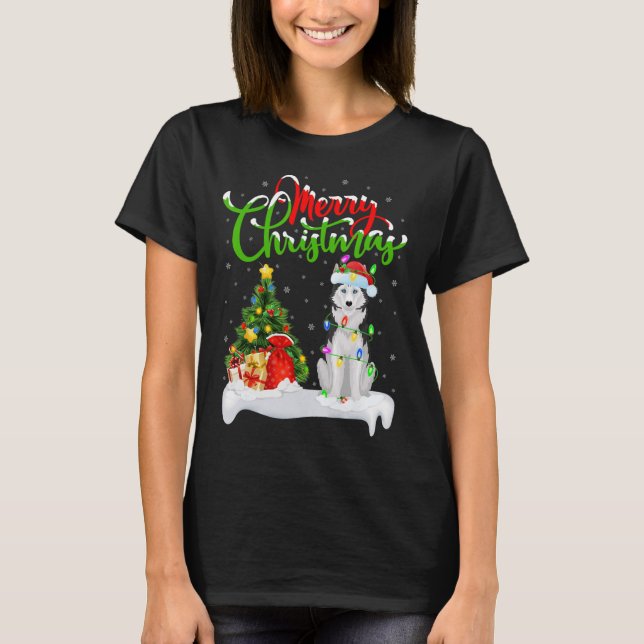 Julafton Träd Ljus Santa Hat Siberian husky Hund C T Shirt (Framsida)