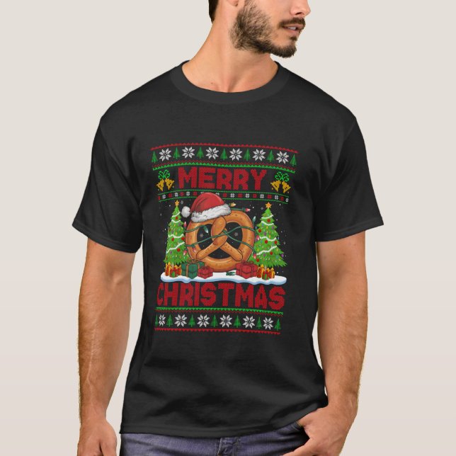 Julafton Träd Ljus Ugly Stil Santa Hat Pretzel Chr T Shirt (Framsida)