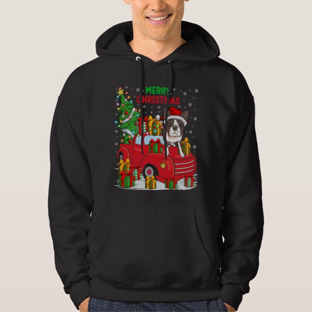 Julafton Träd Red Lastbil Lighting Boston Terrier  Hoodie (Framsida)