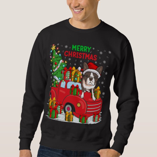 Julafton Träd Red Lastbil Lighting Boston Terrier  Lång Ärmad Tröja (Framsida)