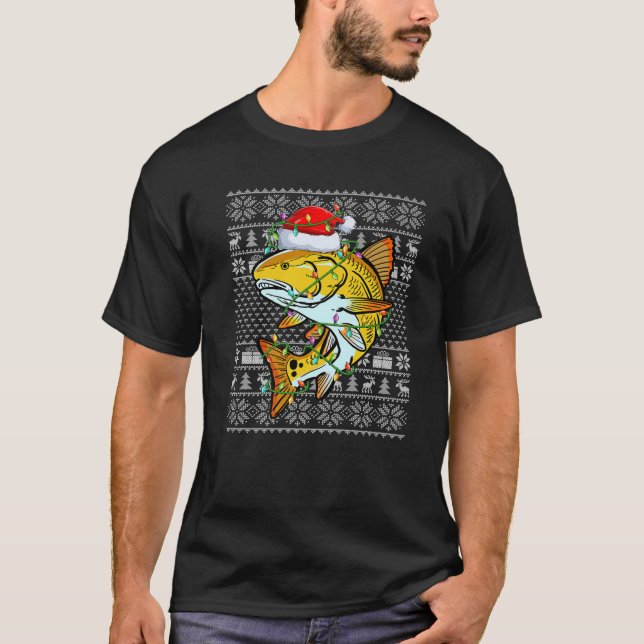 Julafton Träd Redfish Älskare Santa Hat Ugly Redfi T Shirt (Framsida)