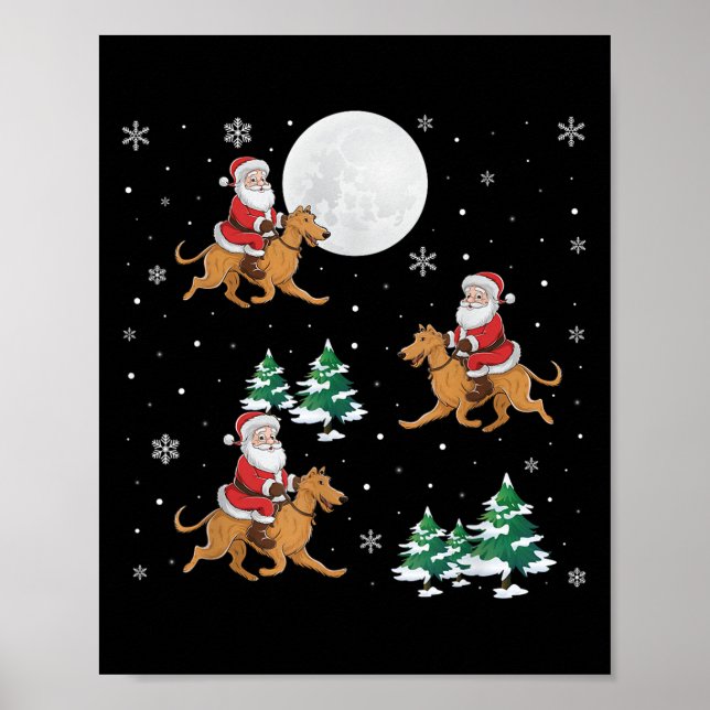 Julafton Träd Santa Riding Irish Wolfhound Hund Fu Poster (Framsidan)