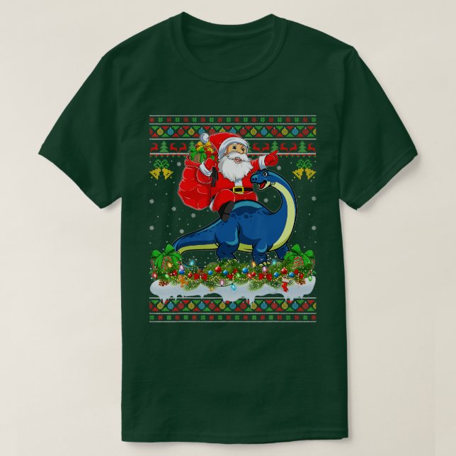 Julafton Ugly Santa Riding Brontosaurus Dinosaur C T Shirt (Design framsida)