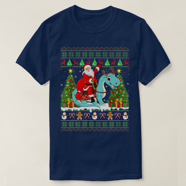 Julafton Ugly Santa Riding Brontosaurus Dinosaur C T Shirt (Design framsida)