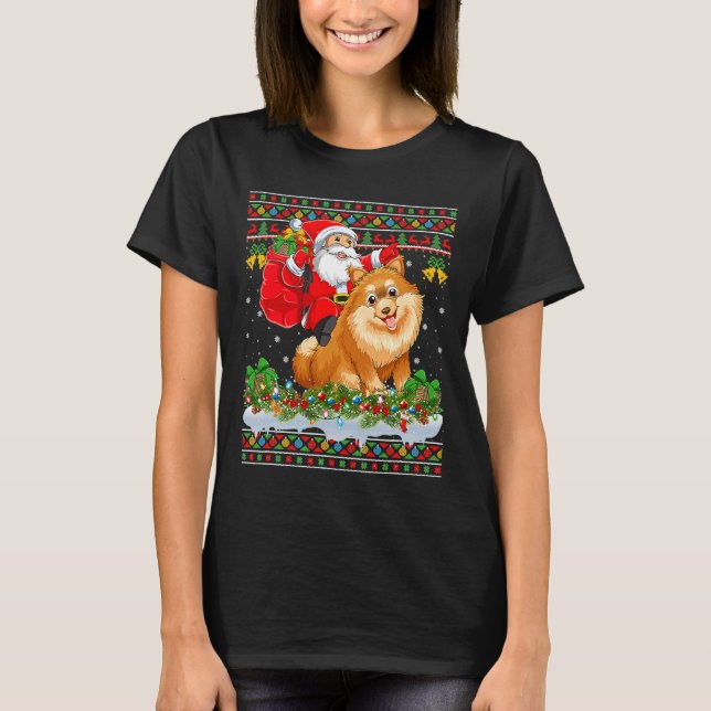 Julafton Ugly Santa Riding Pommern T Shirt (Framsida)