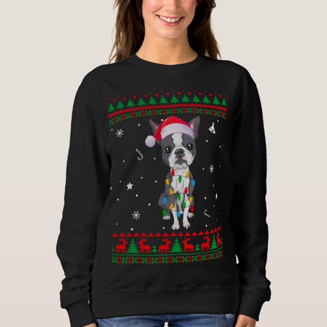 Julafton Ugly Sweater jul Ljus Boston Terrier T Shirt (Framsida)