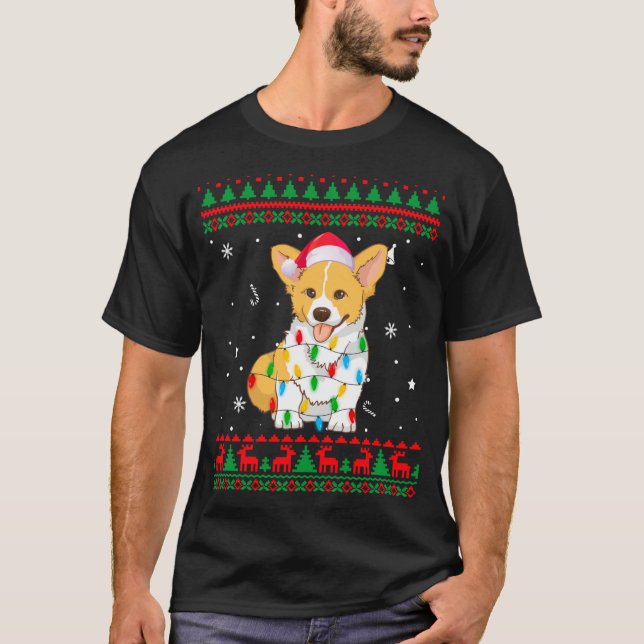 Julafton Ugly Sweater jul Ljus Corgi Hund älskare T Shirt (Framsida)