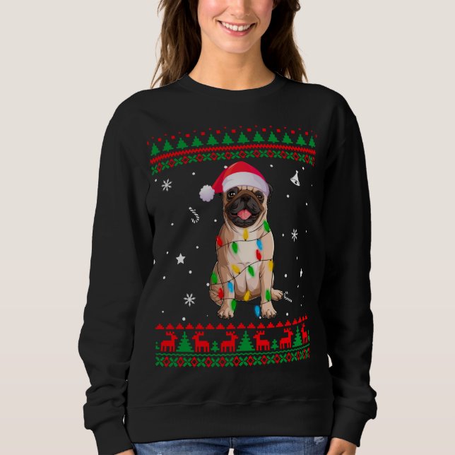 Julafton Ugly Sweater jul Ljus Pug Hund älskare T Shirt (Framsida)