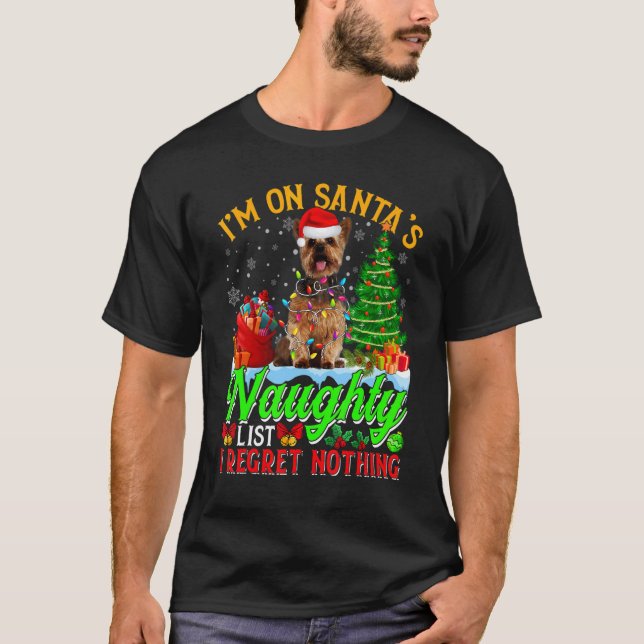 Julafton Yorkshire Terrier Hund på Santa's Naughty T Shirt (Framsida)