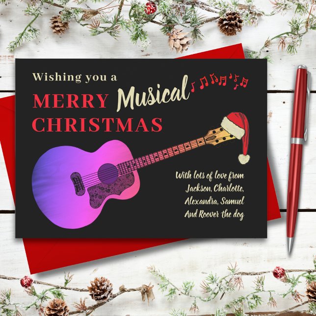 Julakustisk Guitar Black och Rosa Julkort (Christmas pink acoustic guitar wearing a Santa hat black and gold custom holiday greetings card)