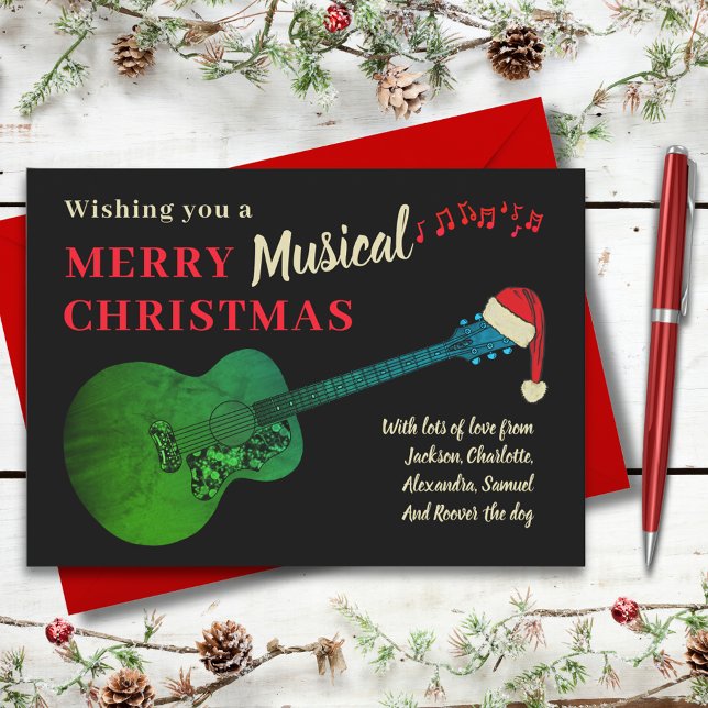 Julakustiska Guitar Wearing Santa Julkort (Christmas Green acoustic guitar wearing a santa hat music themed custom holiday greetings card)