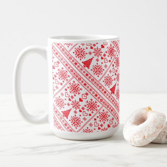 Julälskare Korsmönster Sampler Design Kaffemugg (Med munk)