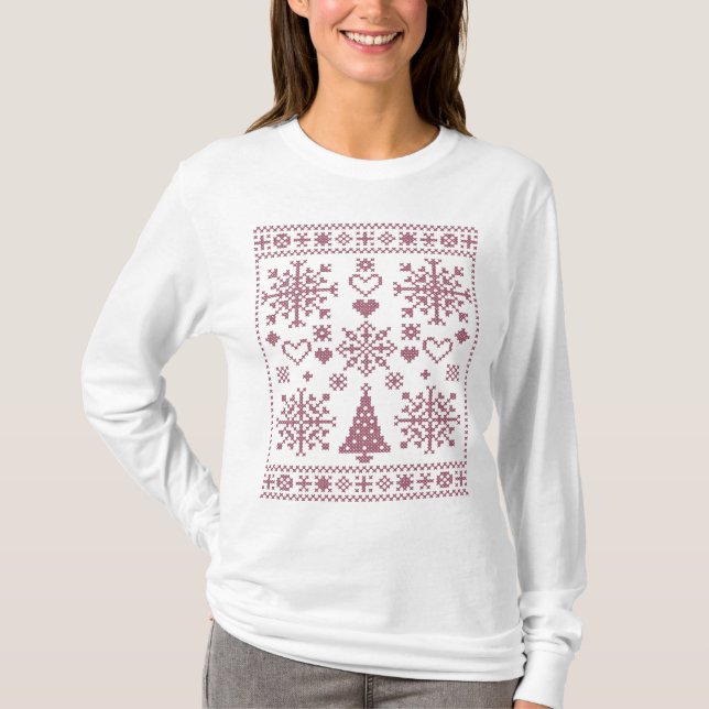 Julälskare Korsmönster Sampler Design T Shirt (Framsida)
