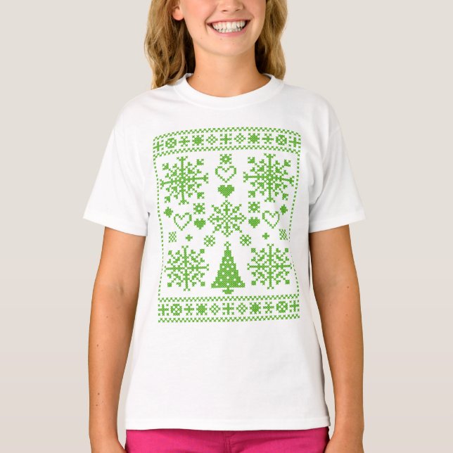 Julälskare Korsmönster Sampler Design T Shirt (Framsida)
