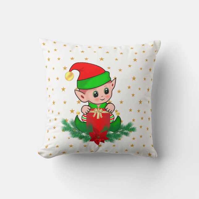 Julälv, gräs, poinsettia och stjärnor kudde (Framsida)