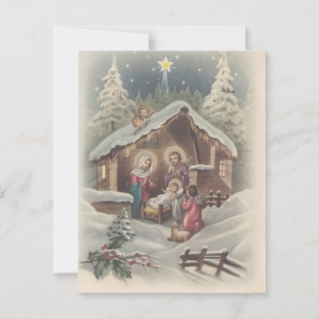 Julängel bevarar Jesusbarnet i vintage-stil Julkort (Framsida)