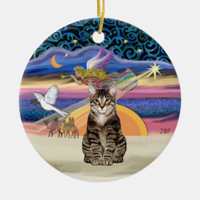 Julängel - Brun mackerellrandig katt Julgransprydnad Keramik (Framsidan)