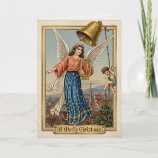 Julängel Guldklocka Vintage Harpa Kort