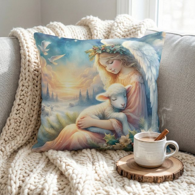 Julängel med lamm i vinterfred kudde (Christmas Angel with Lamb in Winter Peace Throw Pillow Mockup A)
