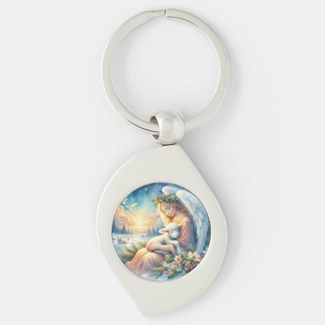 Julängel med lamm i vinterfrid swirl silverfärgad nyckelring (Framsidan)
