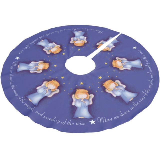 Julängelflicka ber blå julklampar julgransmatta borstad polyester (Vinklad)