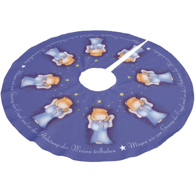 Julängelflicka ber germanblå vattenfärg julgransmatta borstad polyester (Vinklad)