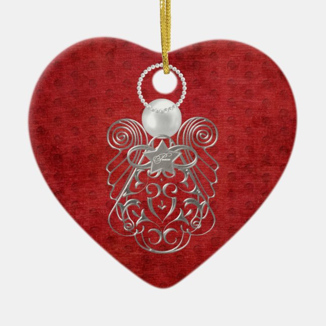 Julängen av fred på Red Textured Chenille Julgransprydnad Keramik (Framsidan)