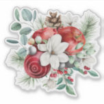 Juläpplen, vita blommor, Rustic Bouquet Klistermärken<br><div class="desc">Vita julblombouquet med röda äpplen,  bär,  pinekoner och evergreener.</div>
