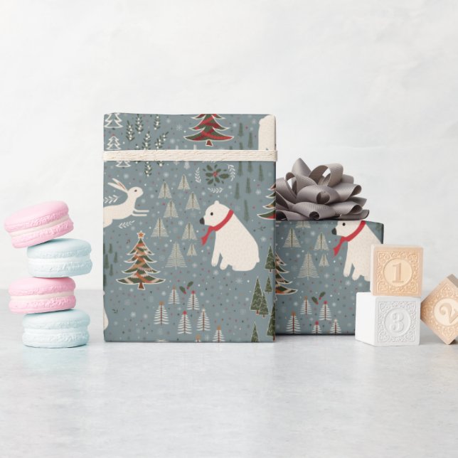 Jularktiska djur, polar björn på blått grått presentpapper (Baby Shower)