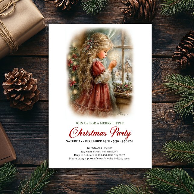 Julavend Invitation Söt Flick Julscen Inbjudningar (Christmas Eve Invitation Cute Girl Christmas Scene)