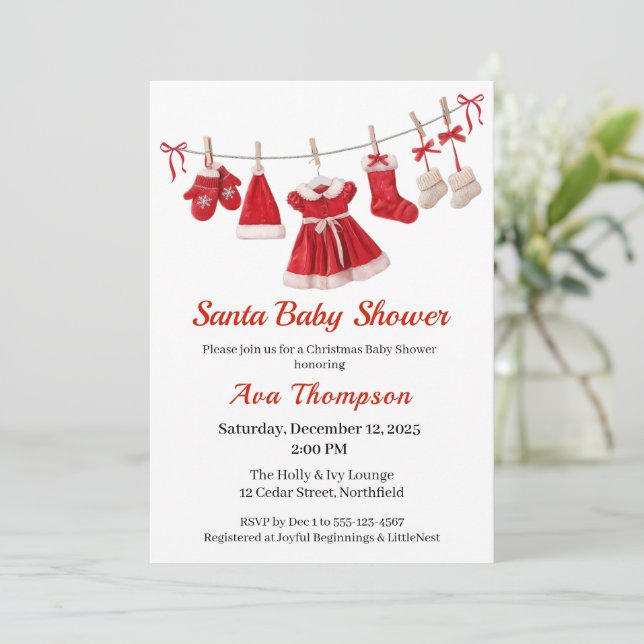 JulBaby Shower | Julkläder Röd & Vit Inbjudningar (Stående Fram)