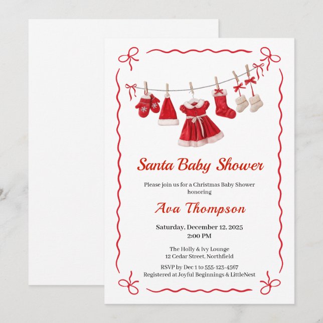 JulBaby Shower | Tomtedräkter Röd & Vit Inbjudningar (Fram/baksida)
