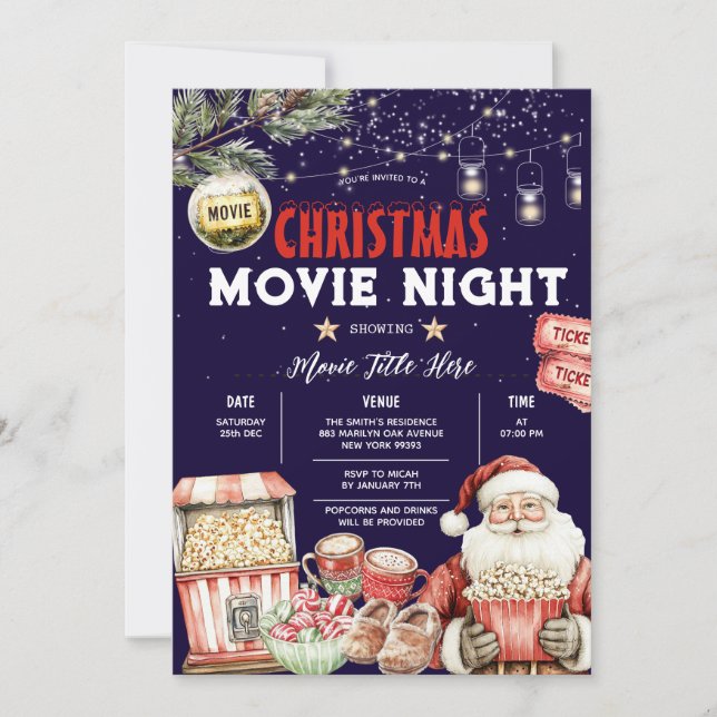 Julbackyard Movie Night Popcorn Santa Party Inbjudningar (Framsida)