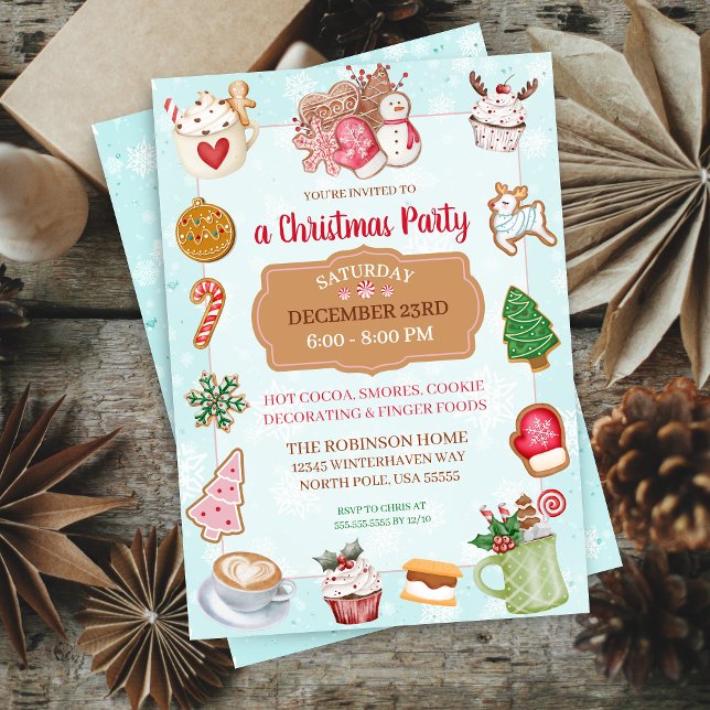 Julbakelse Hot Chocolate Julfestin Inbjudan (Cute mint green aqua and pink theme christmas party invitation for cookie decorating smores holiday)