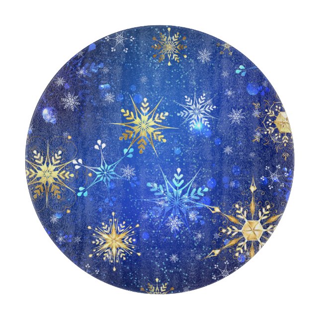 Julbakgrund i blå färg med gyllene snöflingor (Framsidan)