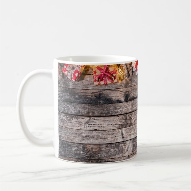 Julbakgrund, träplankar. kaffemugg (Vänster)