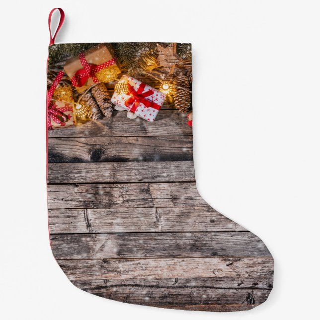Julbakgrund, träplankar. liten julstrumpa (Framsidan)