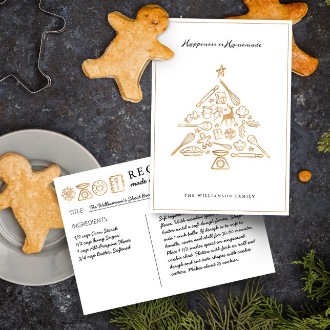 Julbaking Träd Guld & White Family Recie Julkort (Christmas Baking Tree Gold & White Family Recipe Holiday Card)