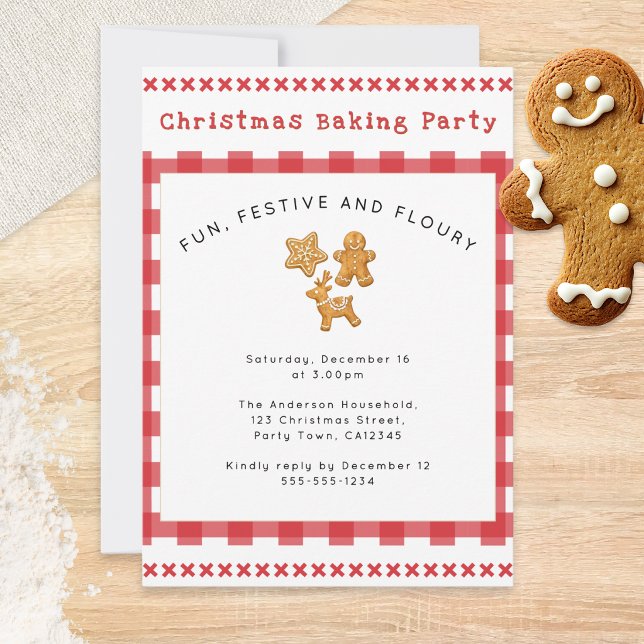 Julbaksparty med pepparkaksgodisar inbjudningar (An invitation to a Christmas baking party, with gingerbread and rustic red-and-white gingham)