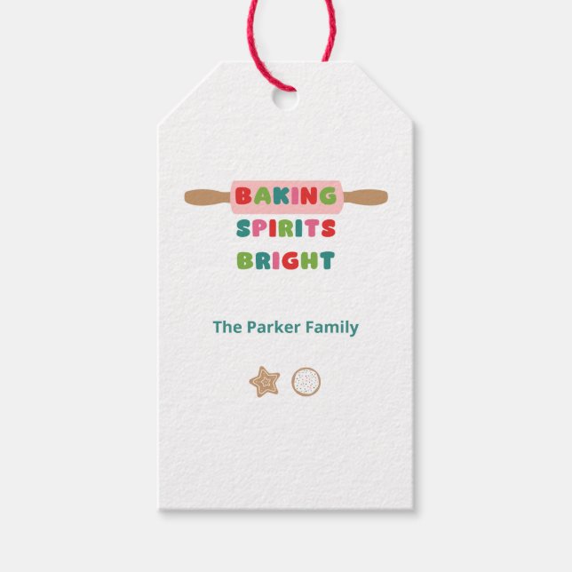 Julbakstaggar med 'Baking Spirits Bright' Presentetikett (Framsidan)