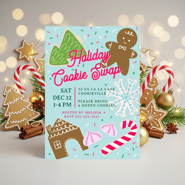 Julbaktsutbytes Julfest Inbjudan (Holiday Cookie Swap Party invitation, hand-drawn by Clearlytangled Studio.)