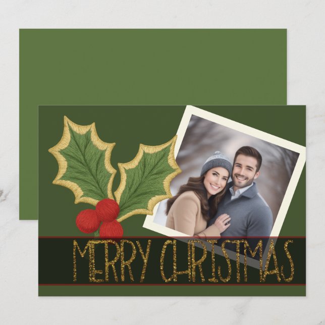 Julband med broderi Holly Bär Julkort (Fram/baksida)