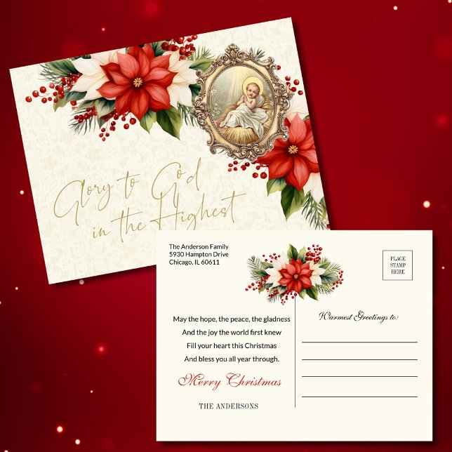 Julbarn Jesus Poinsettia God Jul Vykort (Skapare uppladdad)