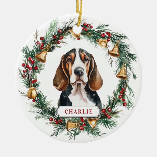 Julbasset Hound Ceramic Circle Ornament (Framsidan)