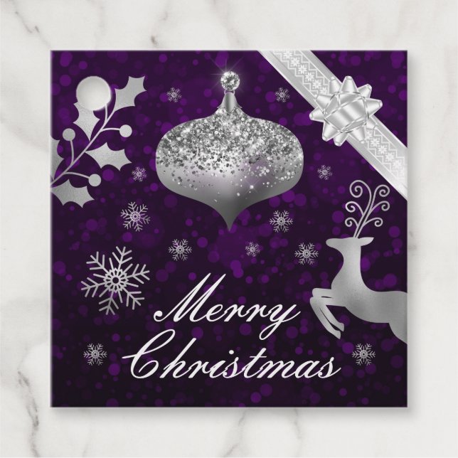 Julbauble silver Glitter och Ribbon Gåvor Etiketter (Framsida)