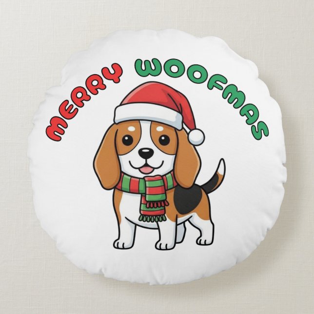 JulBeagle Round Pillow: Merry Woofmas Rund Kudde (Framsidan)