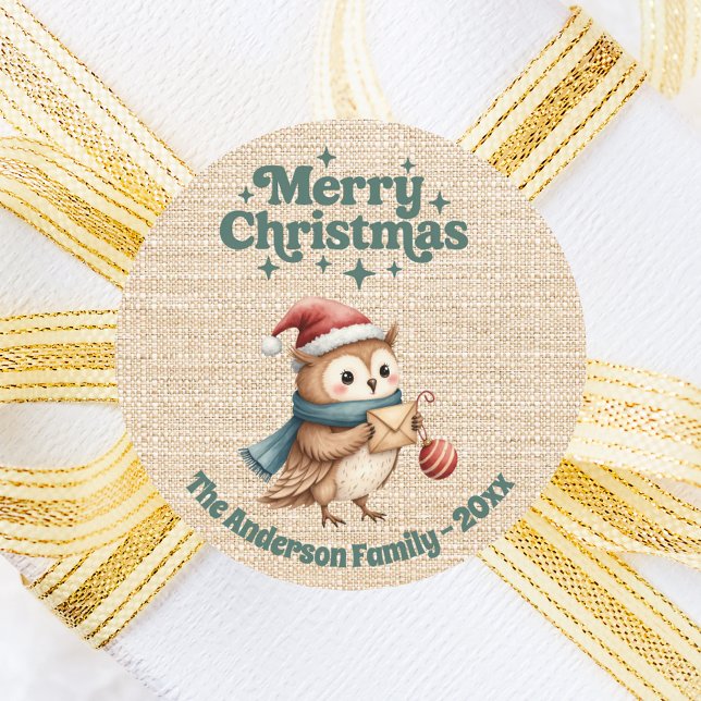 Julbeige burlap söt uggla runt klistermärke (Skapare uppladdad)