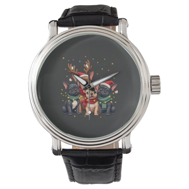Julbelysning Franska Bulldoggar Xmas Fransk Bulldo Armbandsur (Framsida)