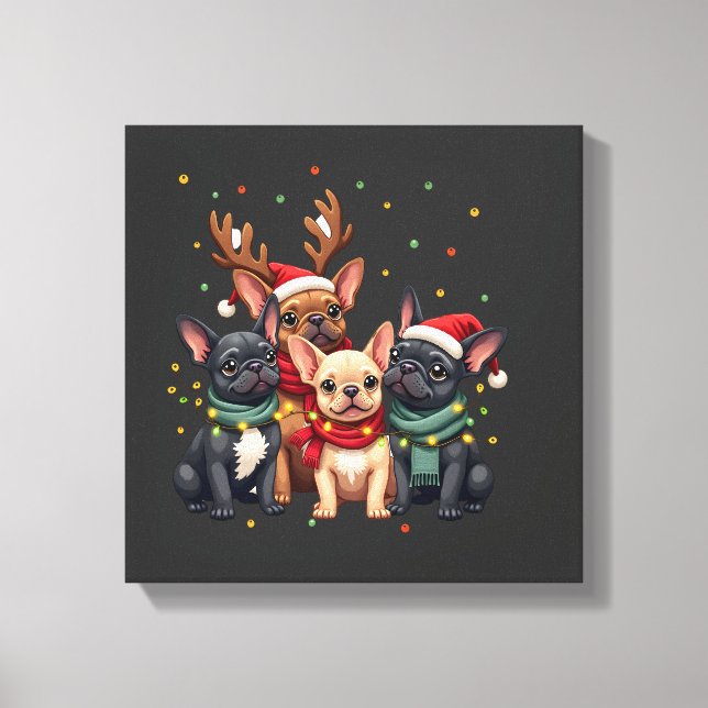 Julbelysning Franska Bulldoggar Xmas Fransk Bulldo Canvastryck (Framsida)