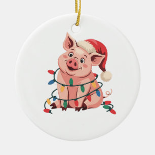 Julbelysning Gris som bär Xmas-hatt - Grisälskare Julgransprydnad Keramik